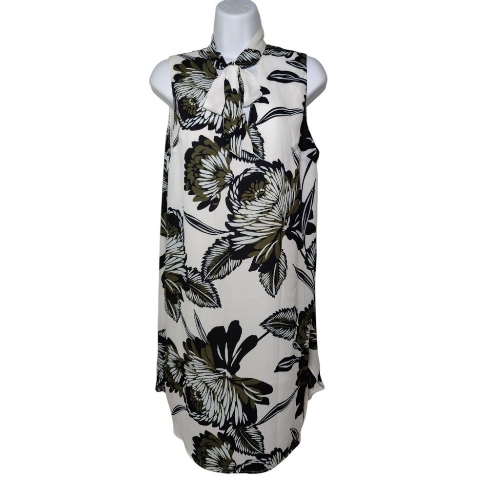 Who What Wear Sleeveless Green White Black Floral Shift Dress W Neck Tie M